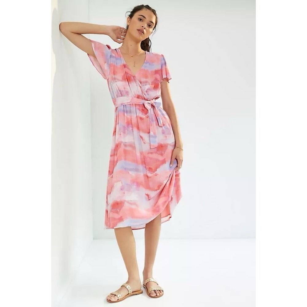 Anthropologie X Cloth & Stone Watercolor-m Faux Wrap Midi Dress L Boho Festival